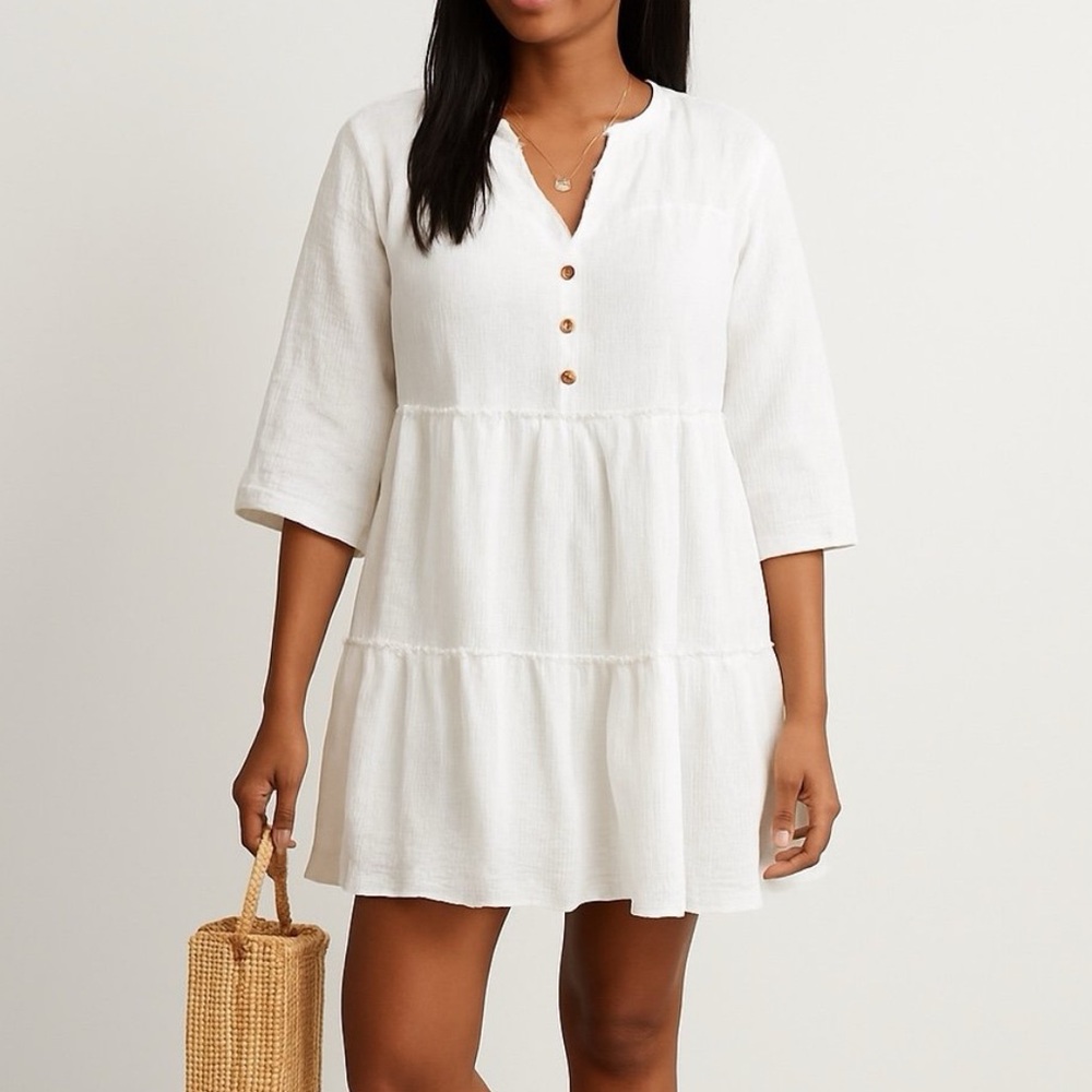 Salty Lemon White Cotton Button 3/4 Length Sleeve Gauze Crinkle Dress Size Large - Picture 3 of 6